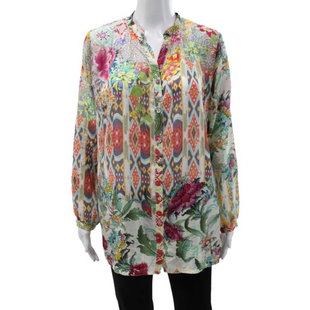 Johnny Was Women Silk Floral Tunic Button Long Sleeve Multi Color Size S